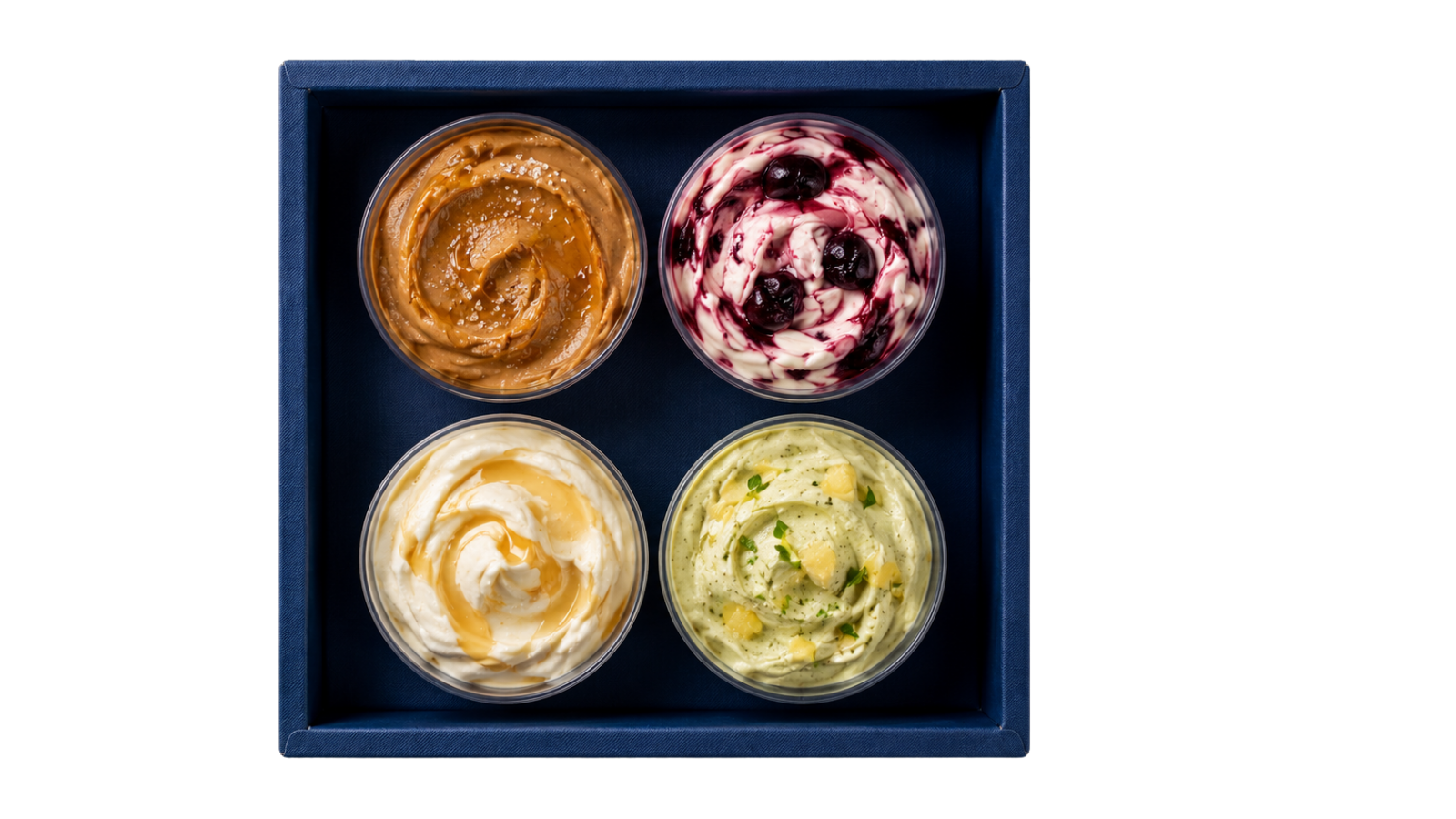 Quatro sabores de gelado Raiz numa bandeja